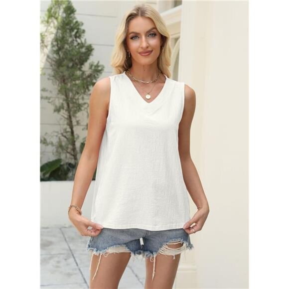 🌿 Women’s V-Neck Linen Tank Top – Lightweight Cotton Blend Sleeveless Camisole - Picture 3 of 5